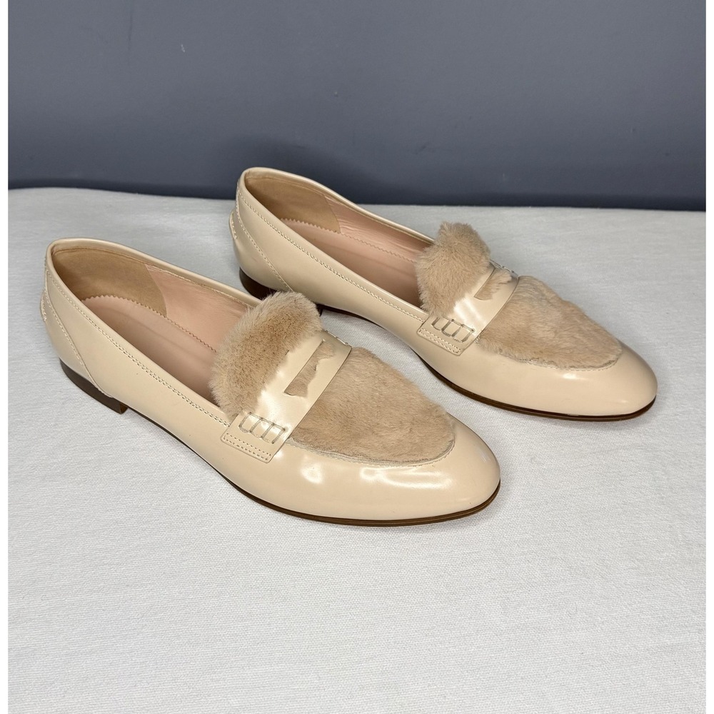 J Crew Academy Penny Loafers Womens 10 Beige Italian Leather Fur Trim Shoe Flats